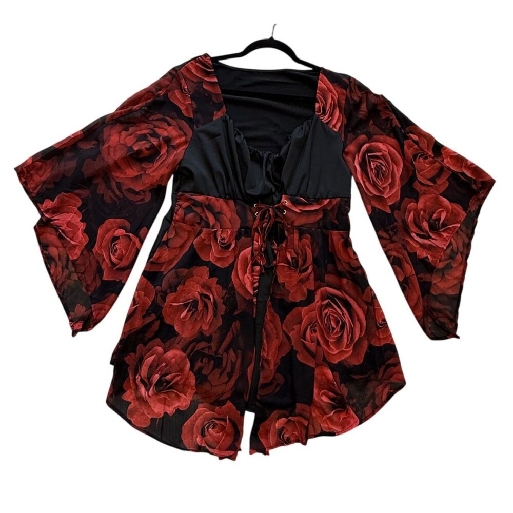 Rose Print Womens Top Red Black Tie Bodice Dramatic Sleeve Fairy Goth Grunge 1X